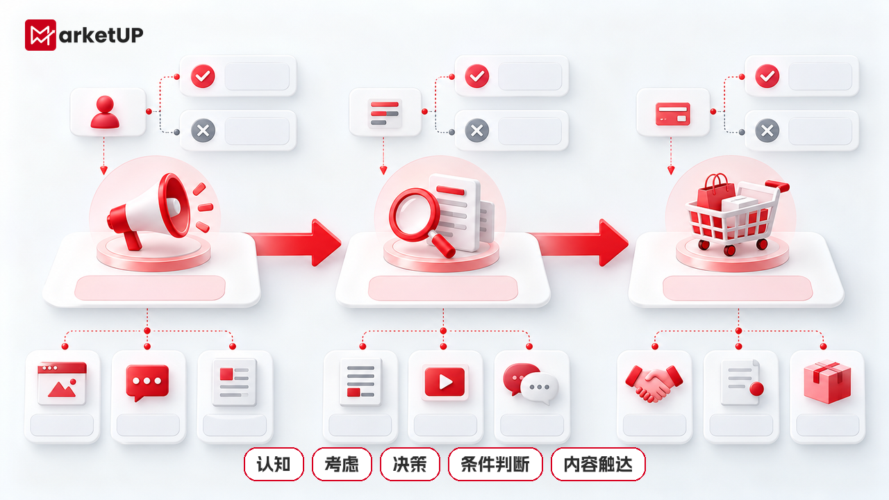 MarketUP脉优客自动化营销系统:从分散触点到客户旅程编排(图2) 客户从认知到考虑再到决策,系统根据条件推进不同触达动作