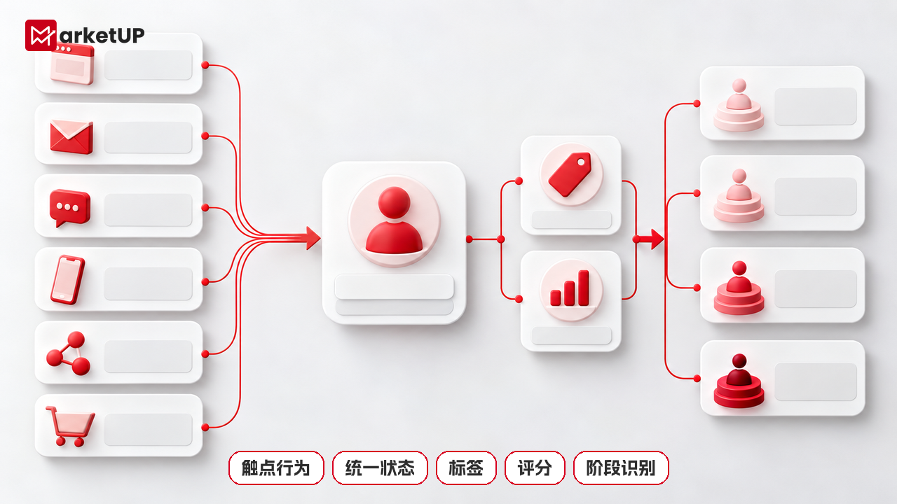MarketUP脉优客自动化营销系统:从分散触点到客户旅程编排(图1) 不同触点行为汇入统一客户状态,并由标签与评分支持阶段识别